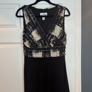 Joseph Ribkoff Black and Cream Tye dye with ruffle top dress